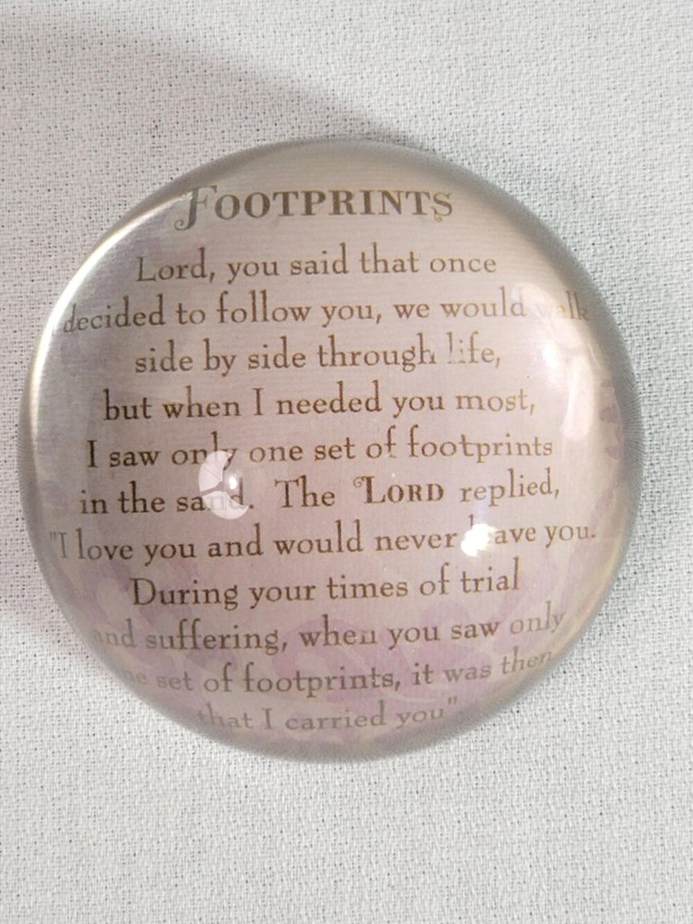 Footprints in the Sand Glass Dome Paperweight Religious Poem Office Desk Decor